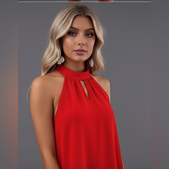 Red Layered Hem Halter Neck Dress - Picture 2 of 9